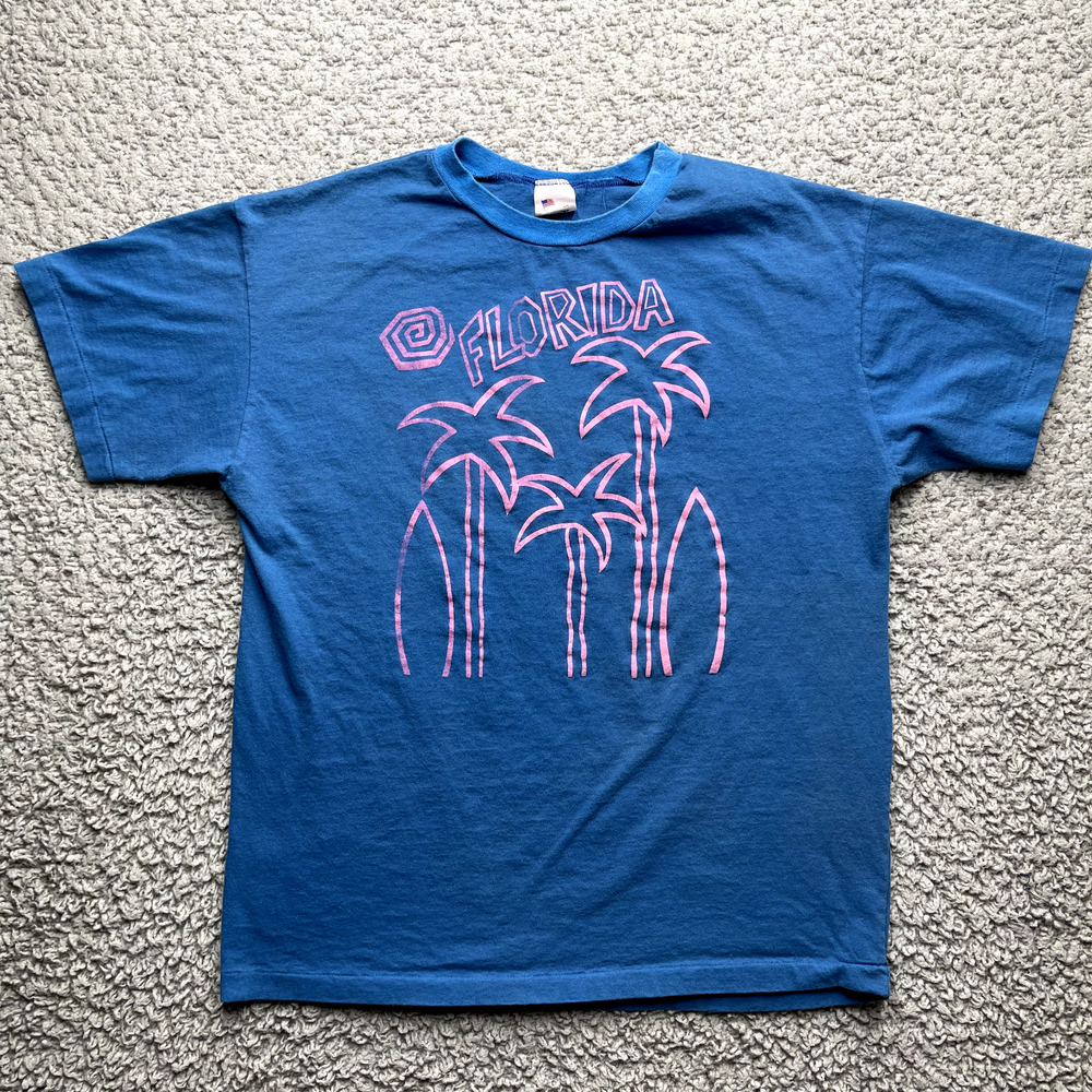 Vintage Florida Ringer Shirt XL Blue Pink USA American Sportswear Palm Surfer